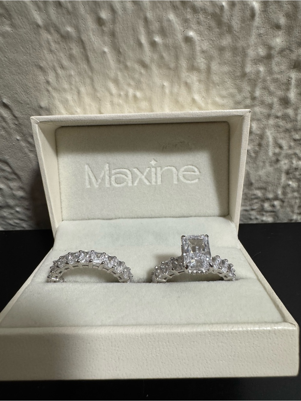 Maxine 925 Sterling Silver Simulated Engagement/Wedding Ring Set Radiant Cut